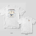 White tee shown back and front: Gi Anatomy diagram of a jiu-jitsu jacket with callouts on the back, crossed gi collar emblem on the chest.