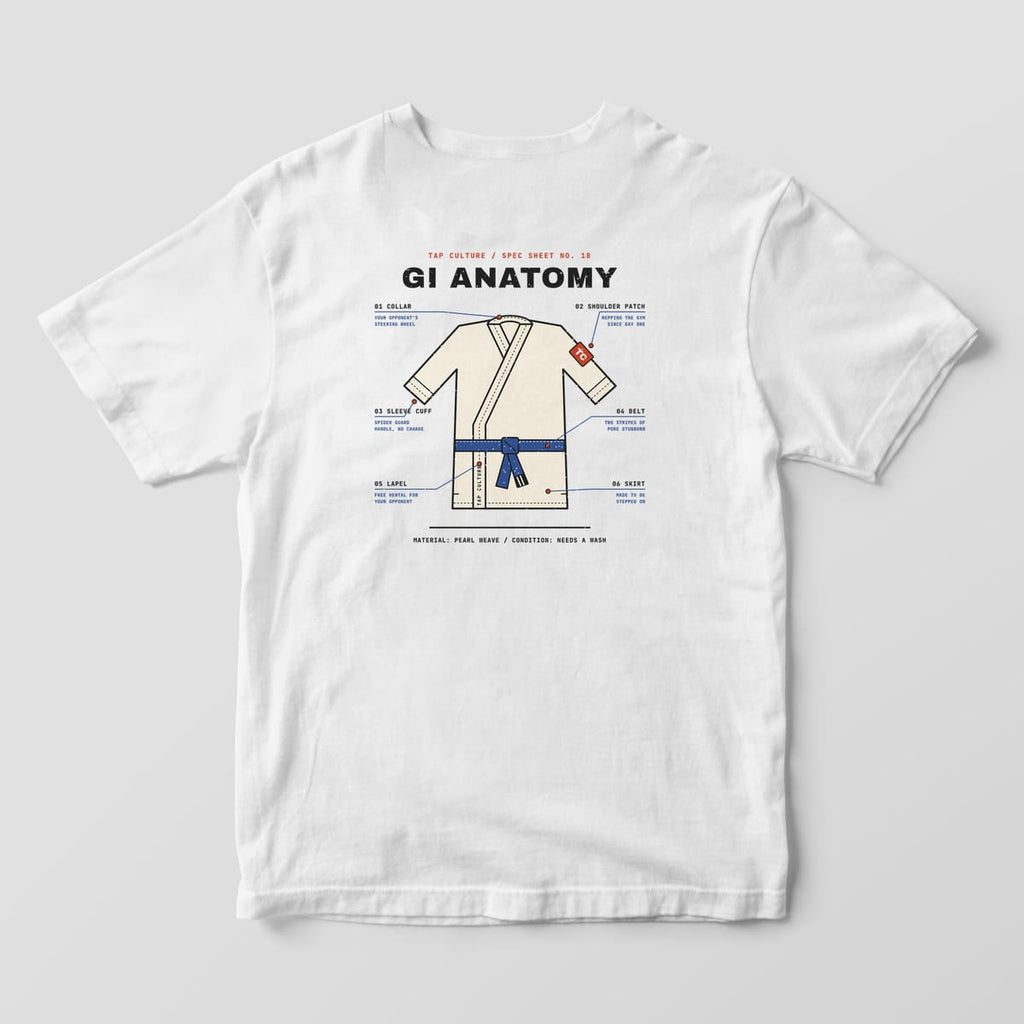 Back of a white Comfort Colors 1717 tee with a cream gi jacket drawing, blue belt, red patch and six labeled callouts.