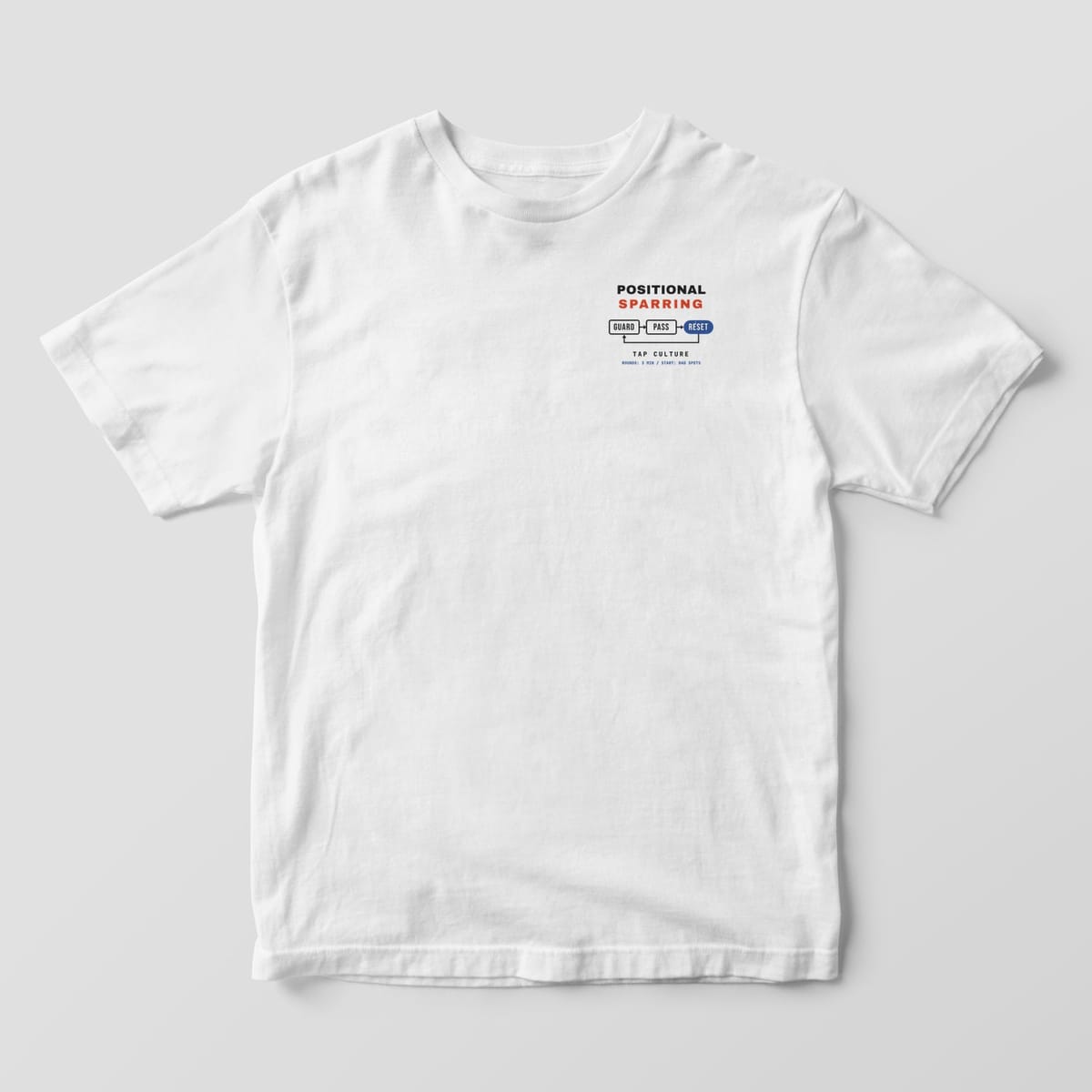 Front of a white Comfort Colors 1717 tee with POSITIONAL SPARRING and a small Guard, Pass, Reset loop on the left chest.