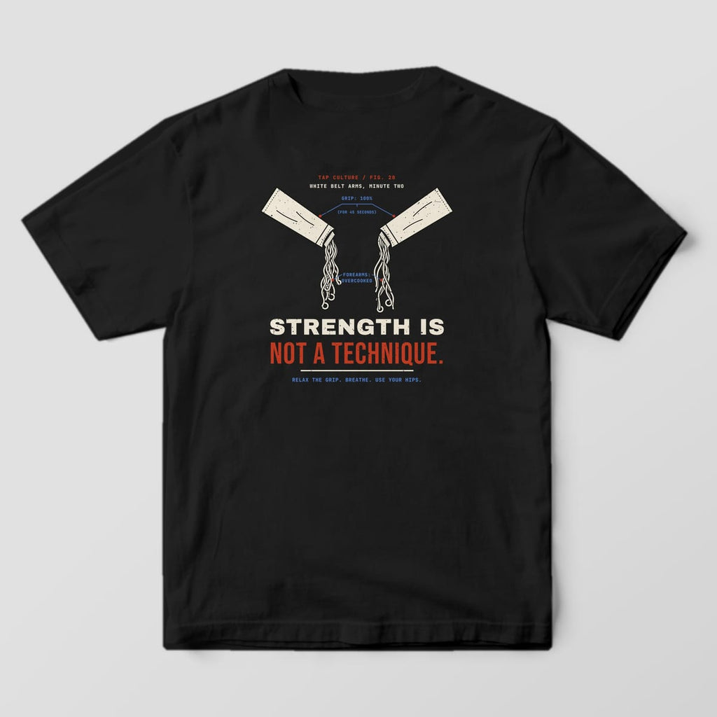 Back of a black Comfort Colors 1717 tee with cream gi sleeves dangling spaghetti and Strength Is Not a Technique text.