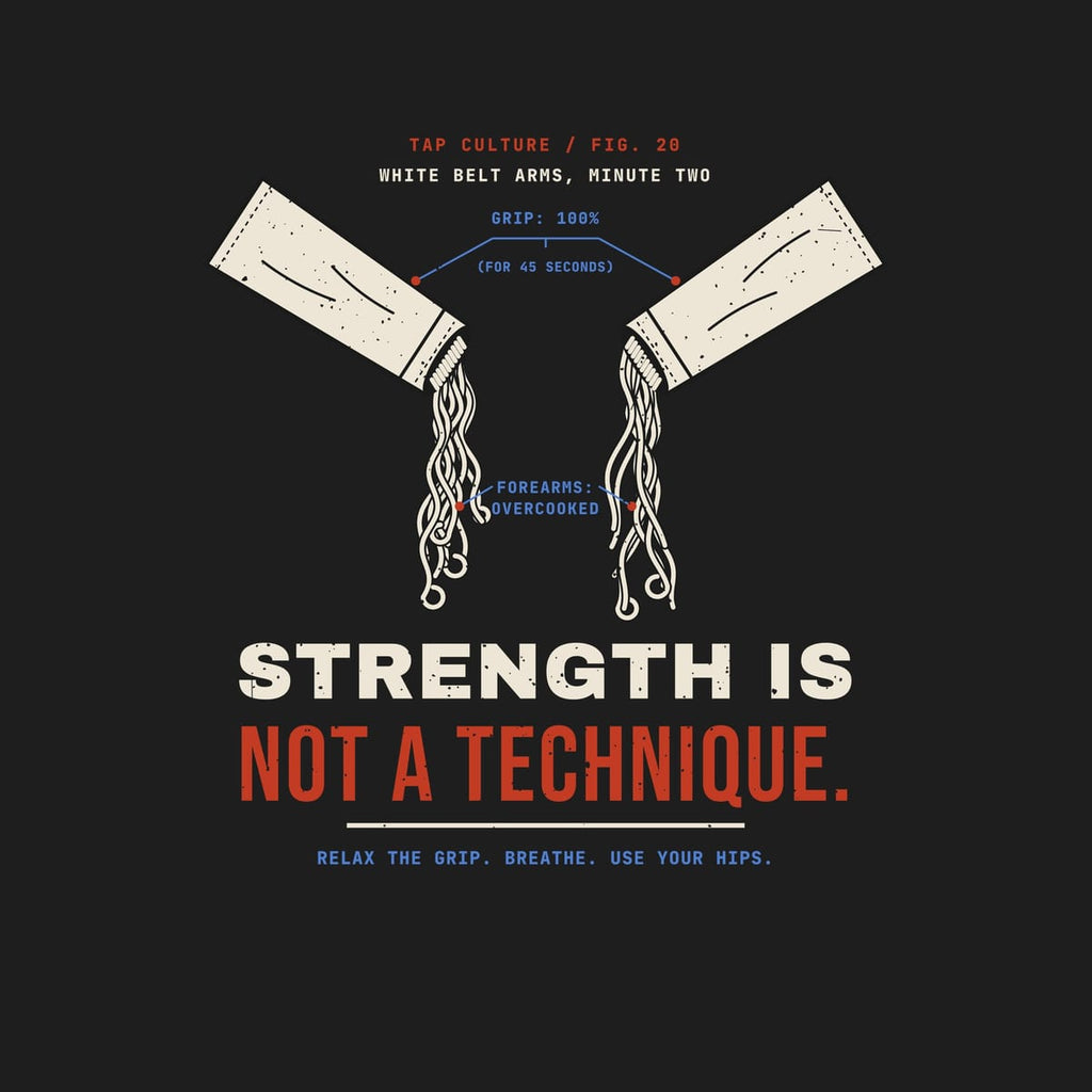 Close-up of the artwork: two gi sleeves with noodle strands for arms, blue diagram callouts and bold red lettering.