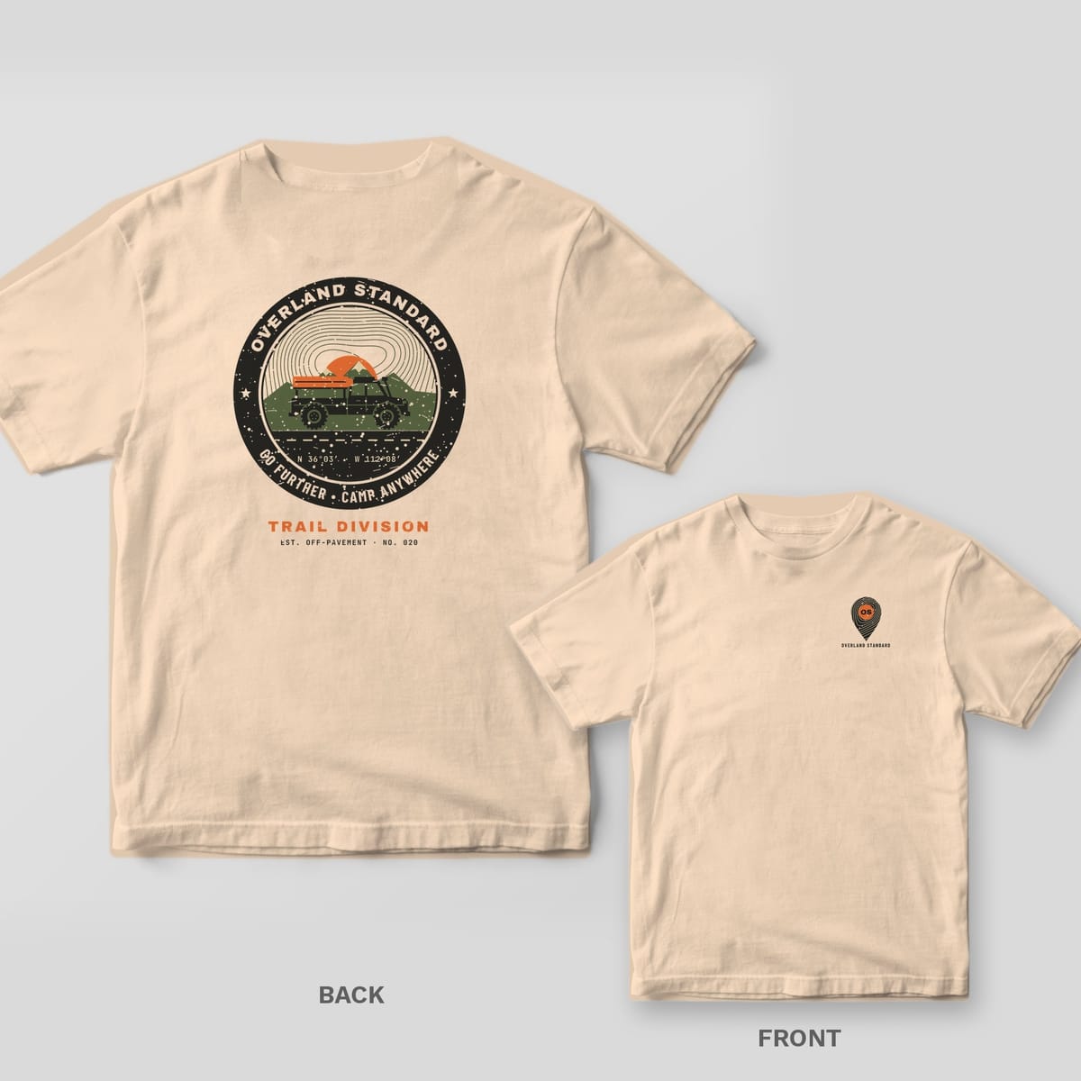 Ivory Comfort Colors tee shown back and front: a round topo badge with a rooftop-tent truck on the back and a small topo map pin on the chest.