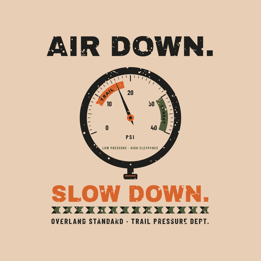 Close-up of the Air Down print: PSI dial with Trail and Street zones, needle, tread pattern strip and distressed lettering.