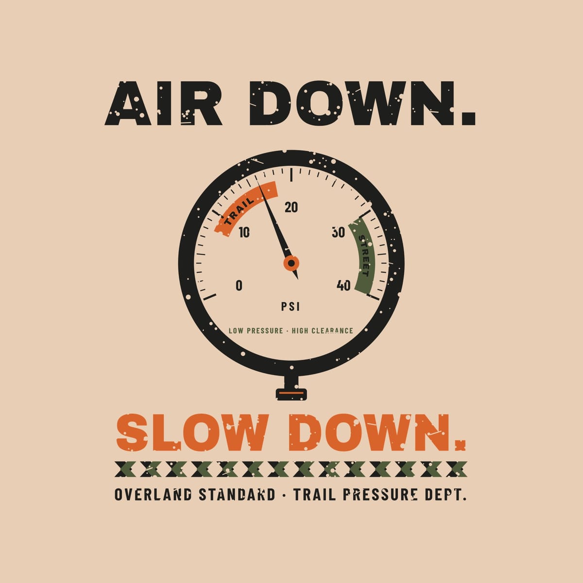 Close-up of the Air Down print: PSI dial with Trail and Street zones, needle, tread pattern strip and distressed lettering.