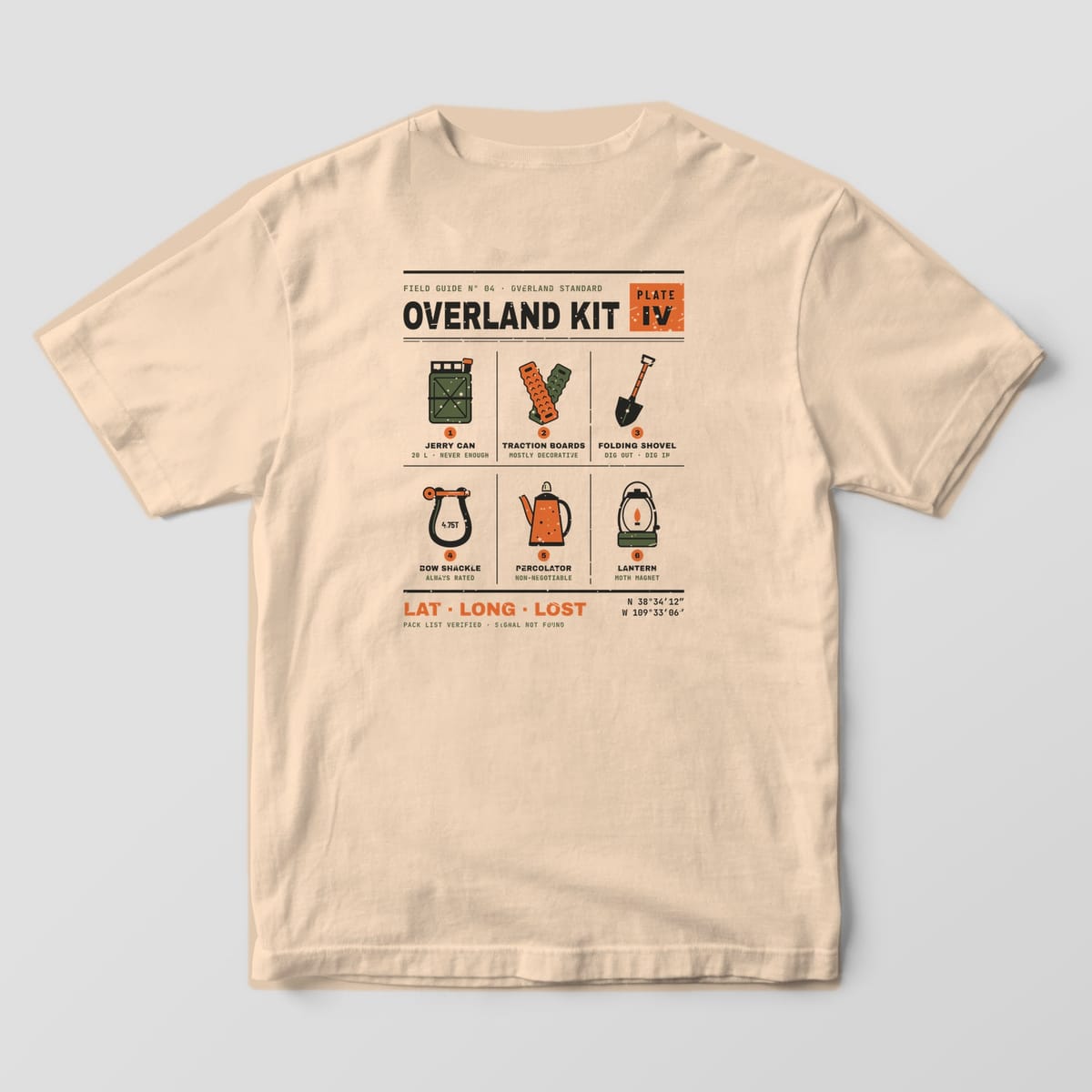 Back of a Ivory Comfort Colors 1717 tee printed with an Overland Kit field guide page showing a jerry can, traction boards, shovel, shackle, percolator and lantern.