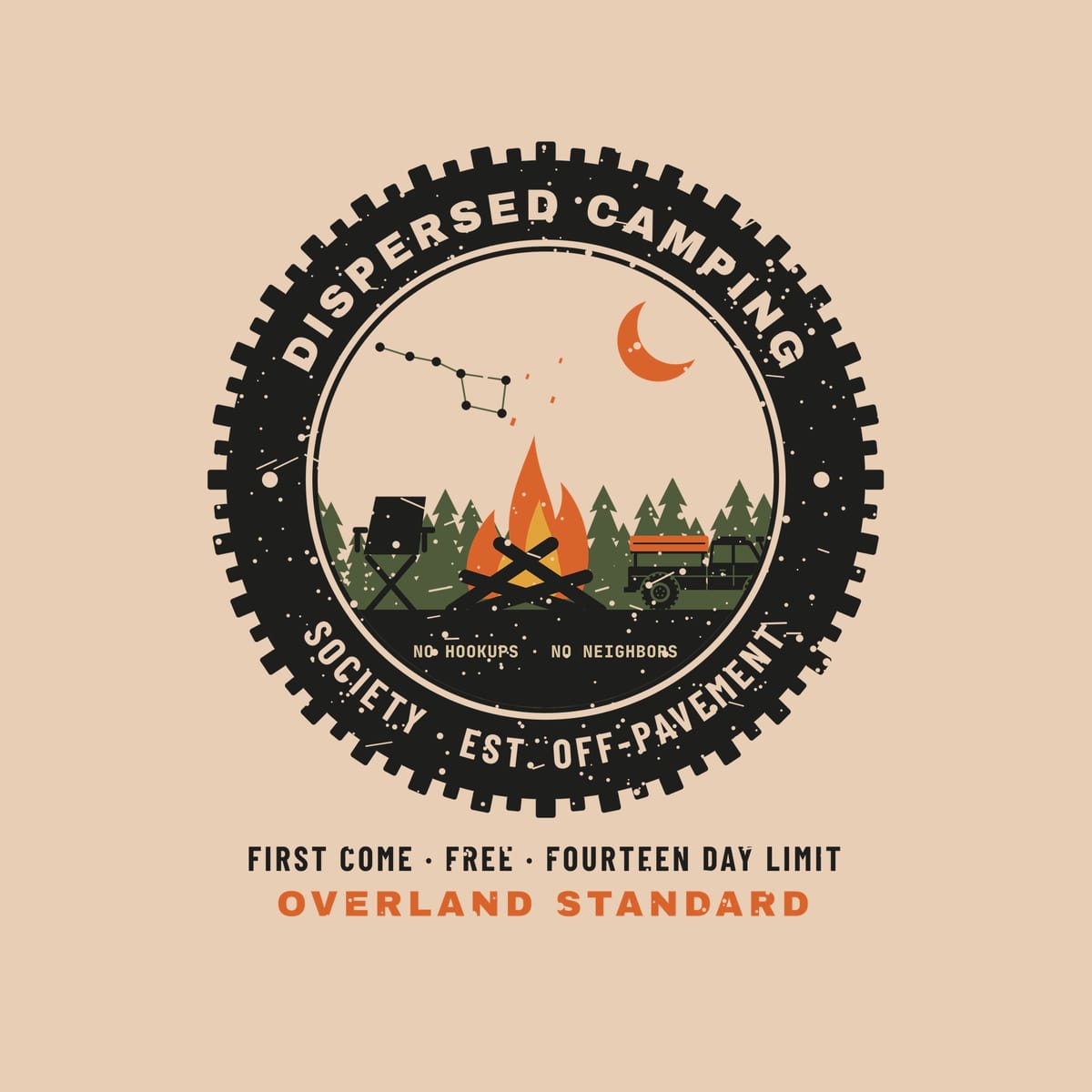 Close-up of the campfire patch: orange and gold flames, crossed logs, olive pines, crescent moon, Big Dipper and tread-edged ring.
