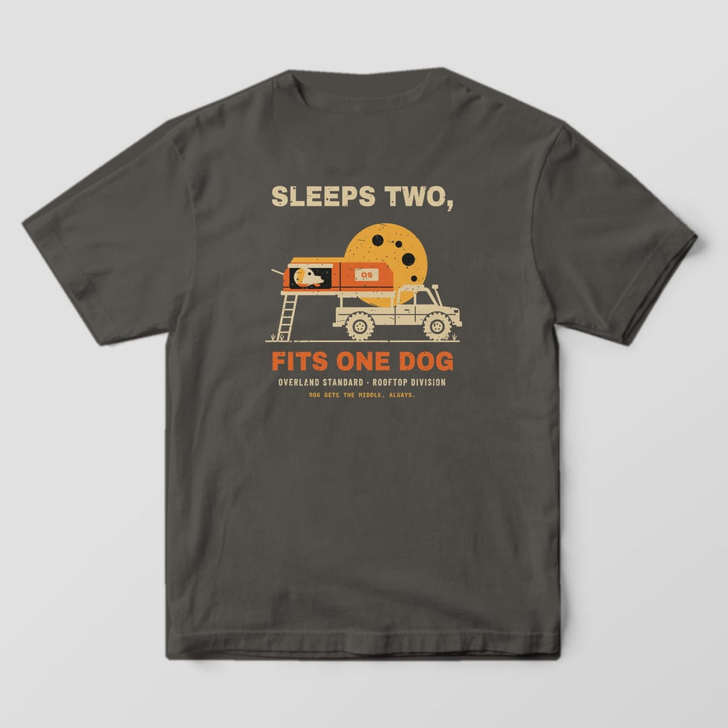 Back of a Pepper Comfort Colors 1717 tee with a sand pickup, orange rooftop tent with a dog looking out, gold moon and the words Sleeps Two, Fits One Dog.