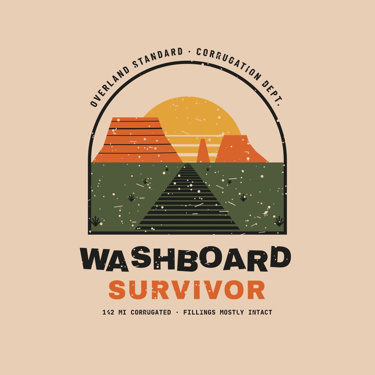 Close-up of the Washboard Survivor print: striped sun, layered orange mesas, olive desert, corrugated black road and shaken lettering.