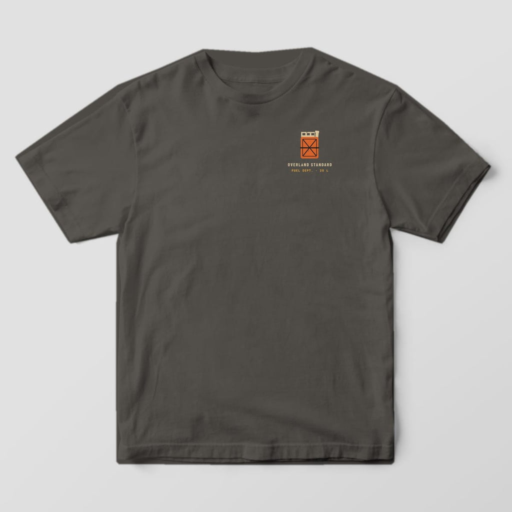 Front of a Pepper Comfort Colors 1717 tee with a small orange jerry can and the words Overland Standard, Fuel Dept.
