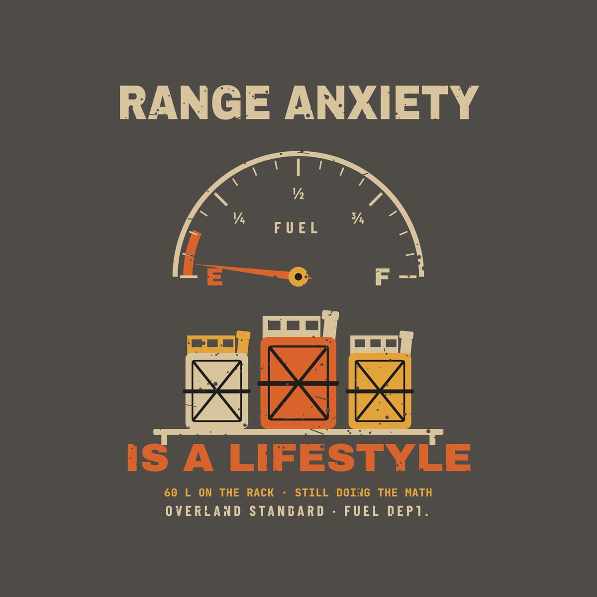 Close-up of the Range Anxiety print: fuel gauge with E, quarter marks and F, orange reserve zone, and sand, orange and gold jerry cans.
