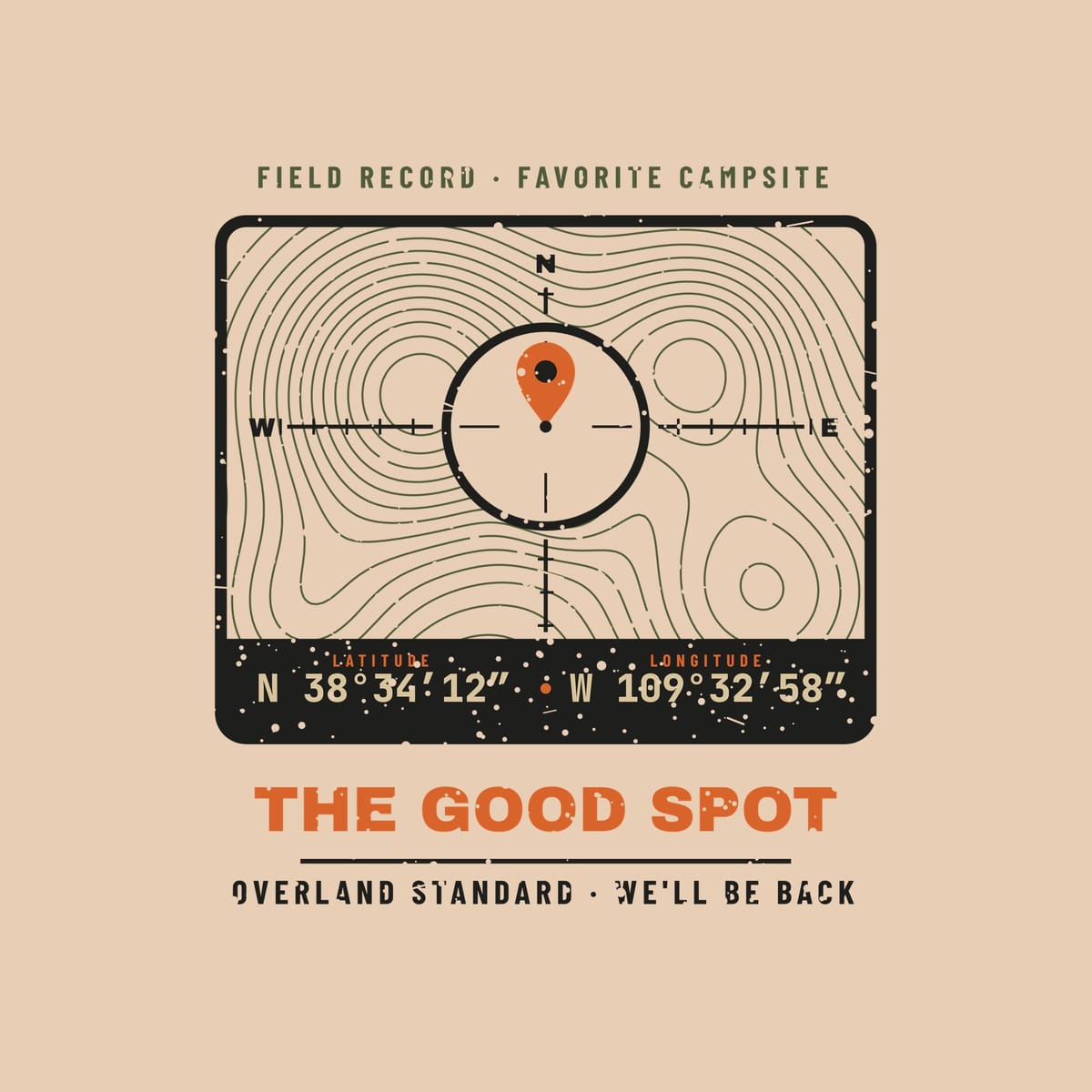 Close-up of the back print artwork on a ivory background: a topo map coordinate badge with a crosshair, orange map pin, latitude and longitude and the words The Good Spot