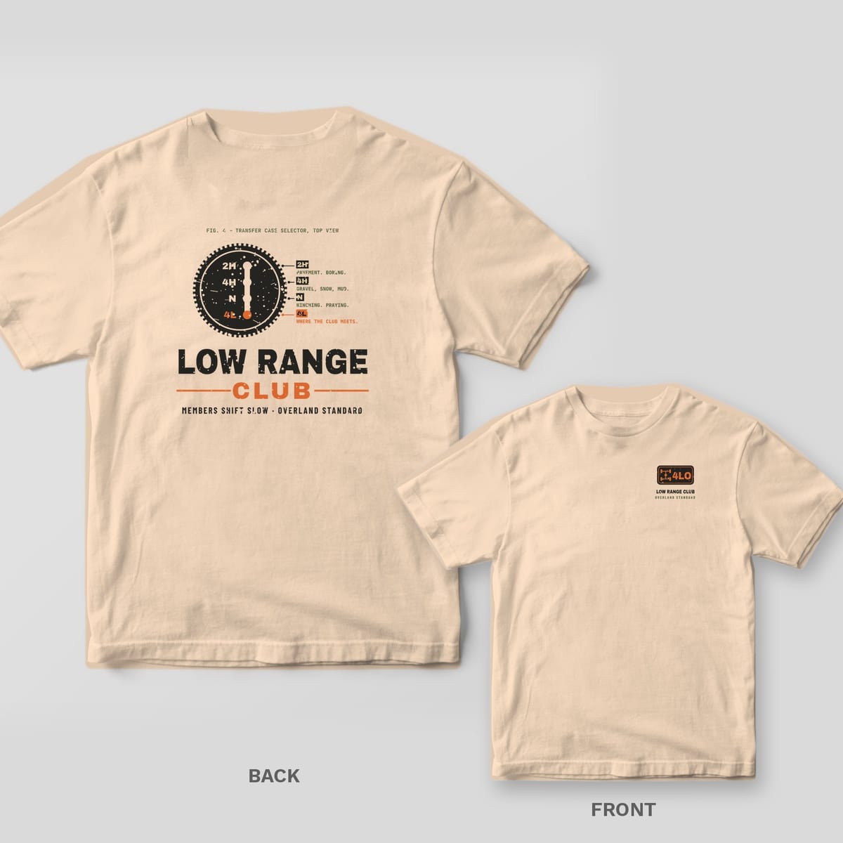 Back and front of a ivory Comfort Colors T-shirt with a transfer case shifter knob diagram with labeled 2H, 4H, N and 4L positions and the words Low Range Club; small chest print on the front