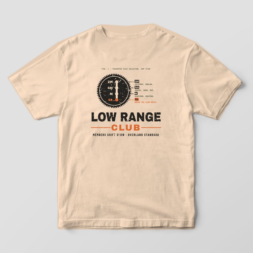 Back of a ivory Comfort Colors 1717 T-shirt showing a transfer case shifter knob diagram with labeled 2H, 4H, N and 4L positions and the words Low Range Club