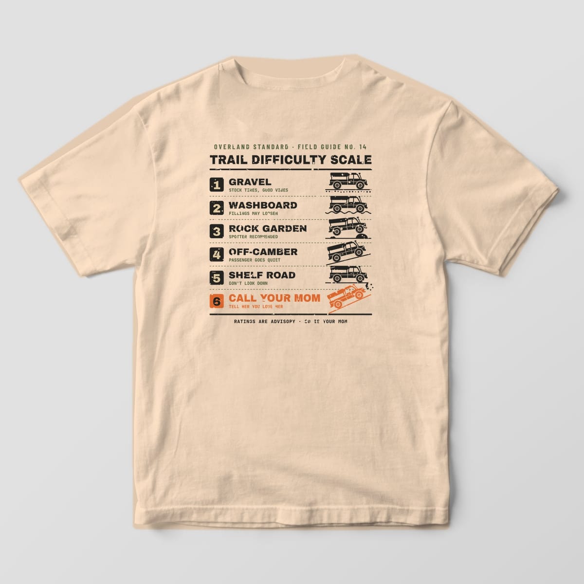 Back of a ivory Comfort Colors 1717 T-shirt showing a trail difficulty chart from Gravel to Call Your Mom with small truck icons tilting on rougher terrain