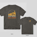 Back and front of a pepper Comfort Colors T-shirt with an arched night camp scene with a headlamp beam lighting a rooftop tent truck under the Milky Way and the words Night Driver, Early Camper; small chest print on the front