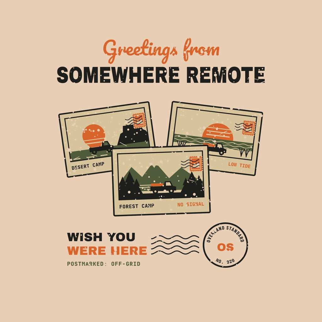 Close-up of the back print artwork on a ivory background: three vintage postcards of desert, forest and beach camps with small trucks, titled Greetings from Somewhere Remote