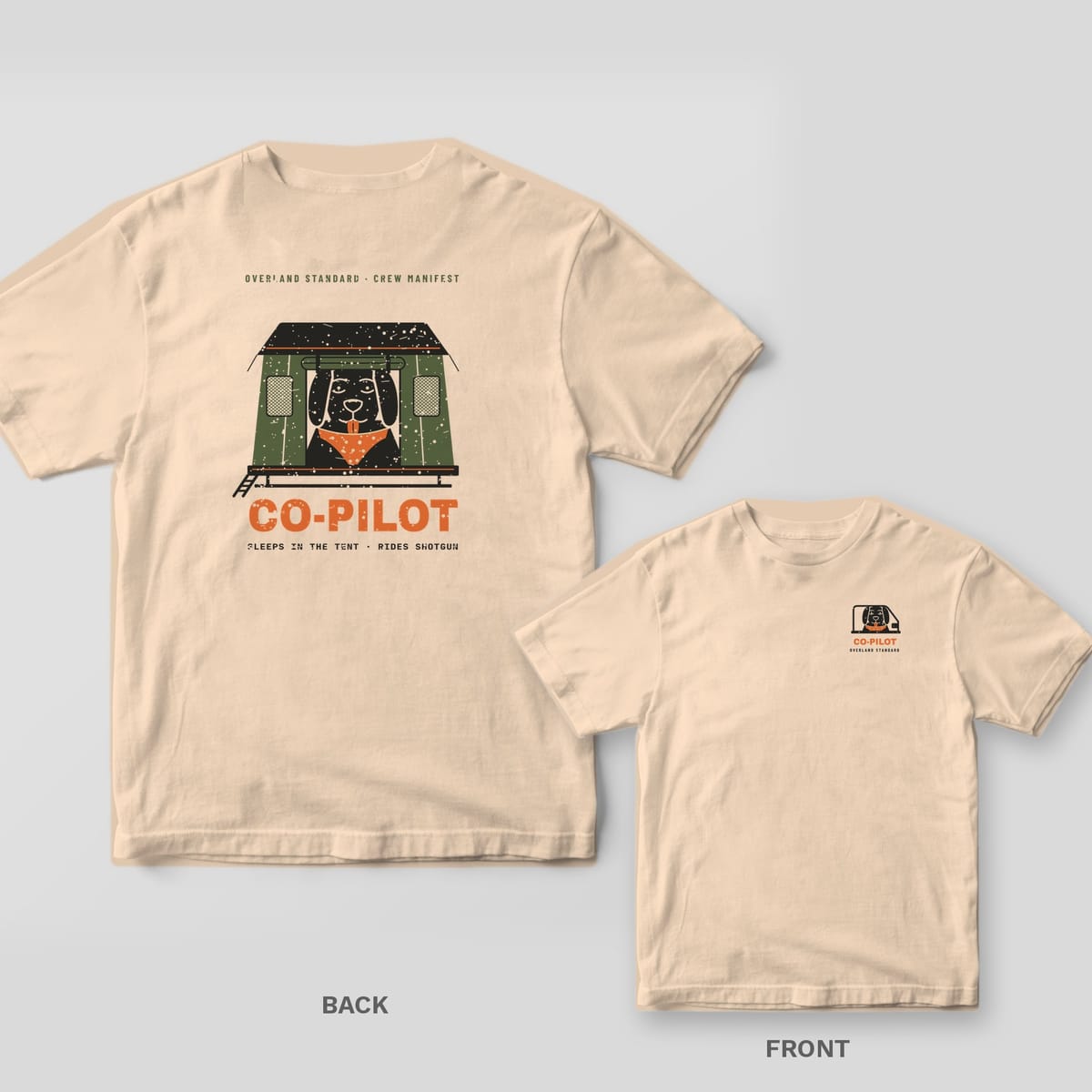 Back and front of a ivory Comfort Colors T-shirt with a black lab in an orange bandana looking out of an olive rooftop tent door above the word Co-Pilot; small chest print on the front