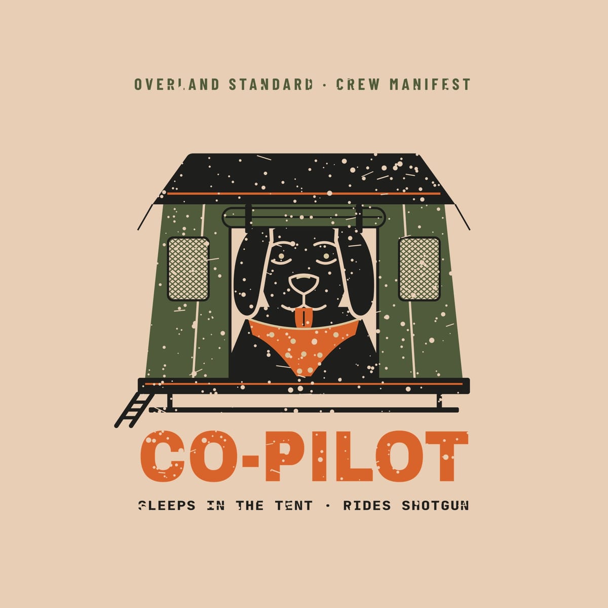 Close-up of the back print artwork on a ivory background: a black lab in an orange bandana looking out of an olive rooftop tent door above the word Co-Pilot