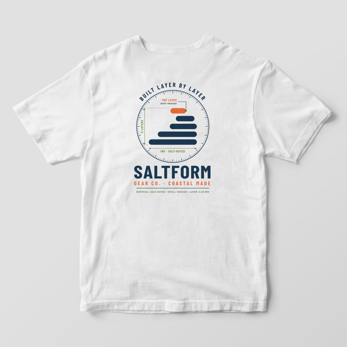 Back of a white Comfort Colors 1717 tee with a navy layer-wave logo inside a dial ring, green dimension arrows and the SALTFORM GEAR CO. wordmark.