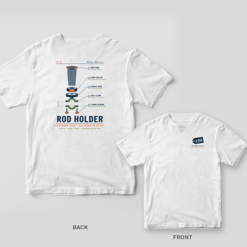 White Comfort Colors tee back and front: exploded rod holder diagram with five callouts and ROD HOLDER title on the back, SGC gear tag on the chest.