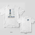 White Comfort Colors tee back and front: exploded rod holder diagram with five callouts and ROD HOLDER title on the back, SGC gear tag on the chest.