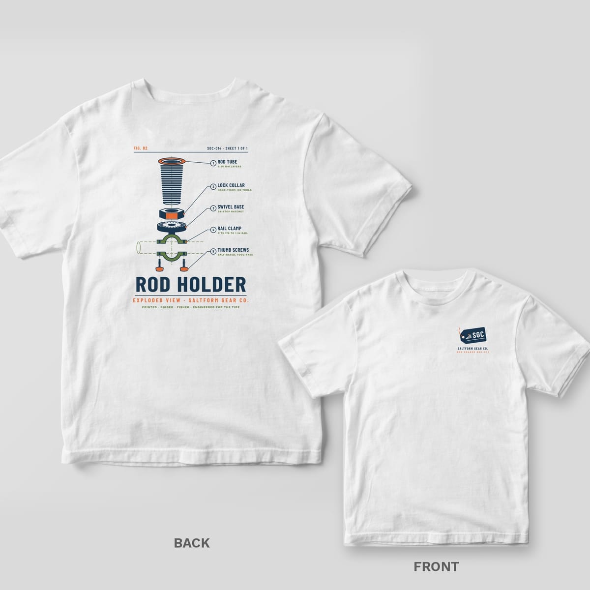 White Comfort Colors tee back and front: exploded rod holder diagram with five callouts and ROD HOLDER title on the back, SGC gear tag on the chest.