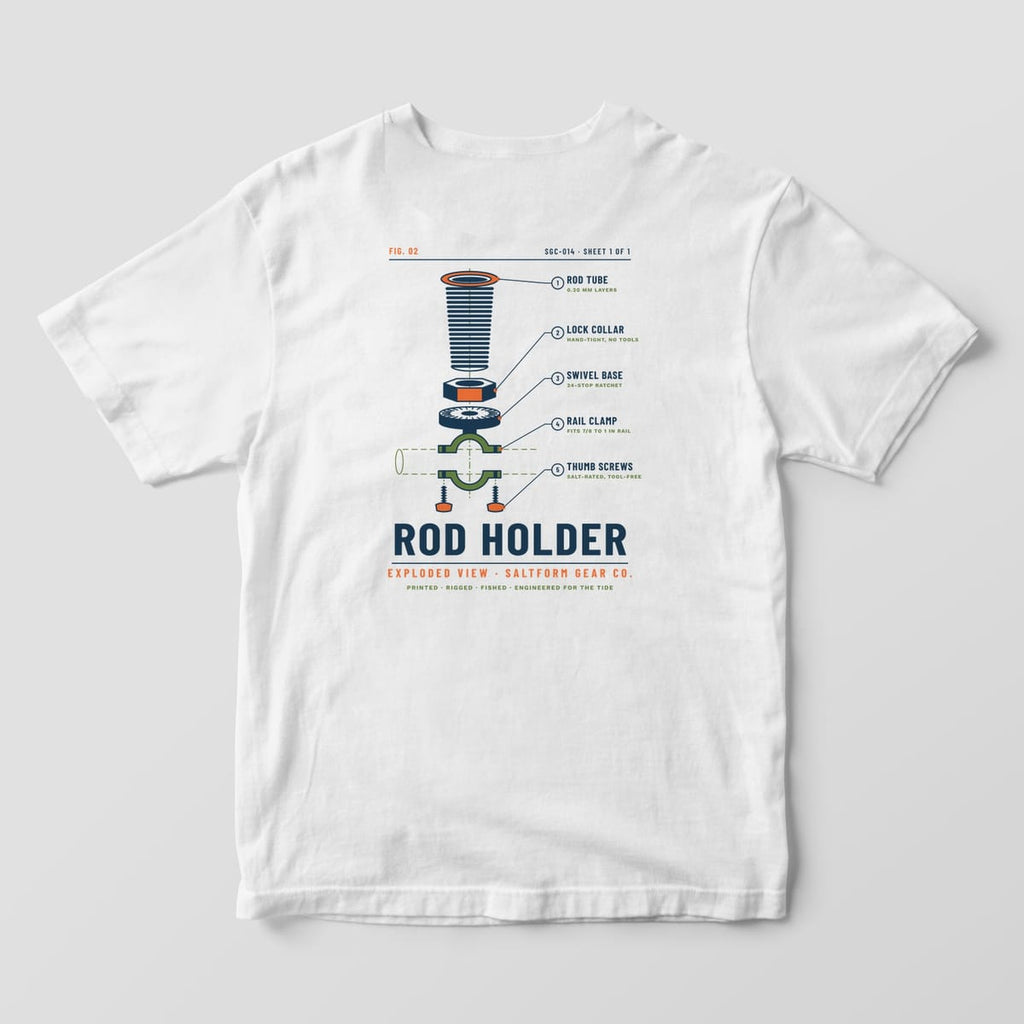 Back of a white Comfort Colors 1717 tee with a navy, orange and green exploded view of a rod holder and the words ROD HOLDER.