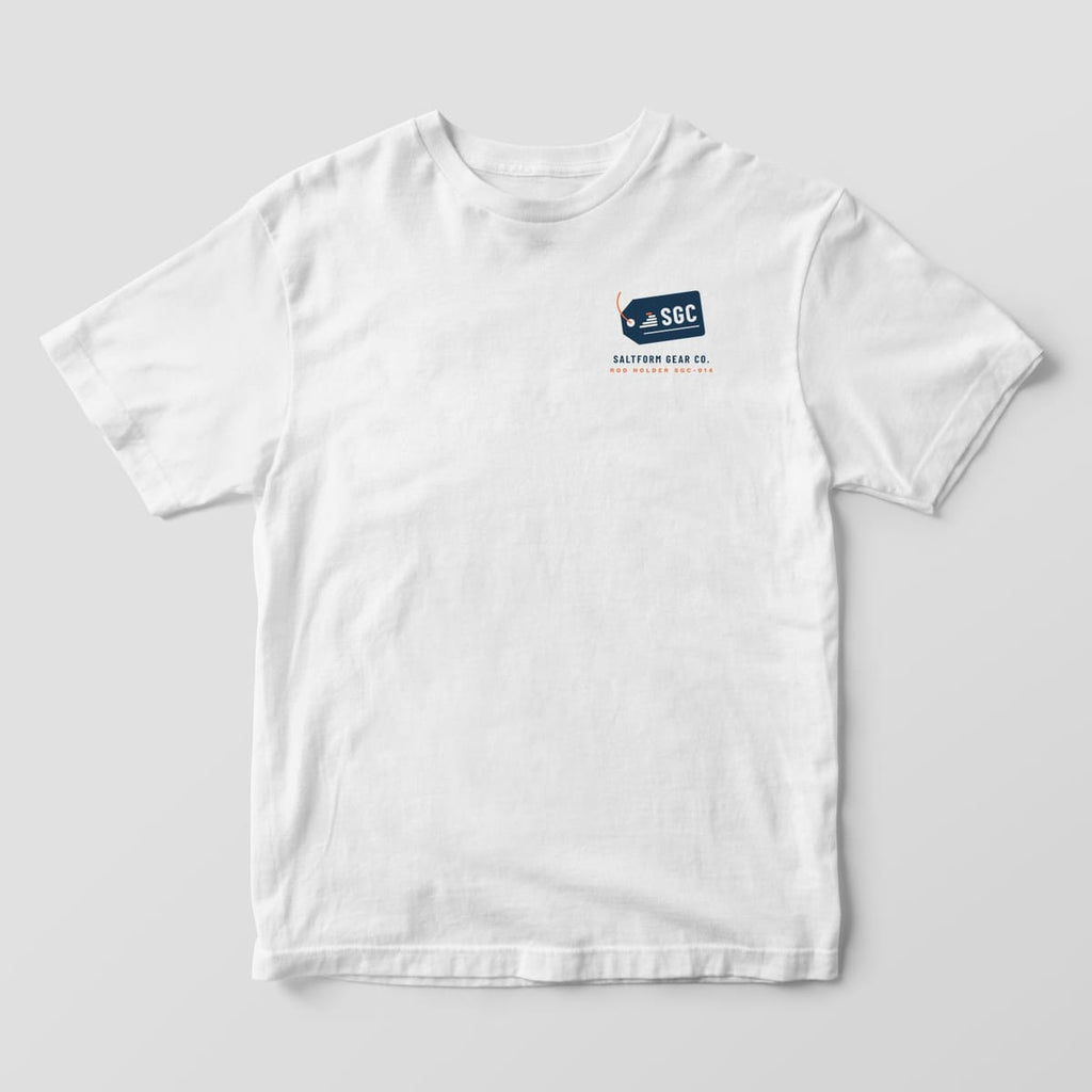 Front of a white Comfort Colors 1717 tee with a small navy SGC gear tag and SALTFORM GEAR CO. on the left chest.