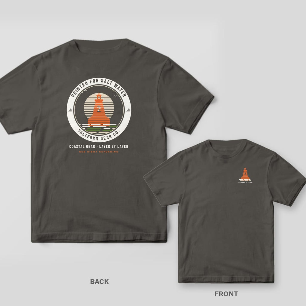 Pepper Comfort Colors tee back and front: round buoy badge reading PRINTED FOR SALT WATER on the back, small orange buoy on the chest.