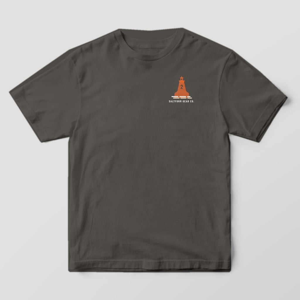 Front of a pepper gray Comfort Colors 1717 tee with a small orange channel marker buoy and SALTFORM GEAR CO. on the left chest.