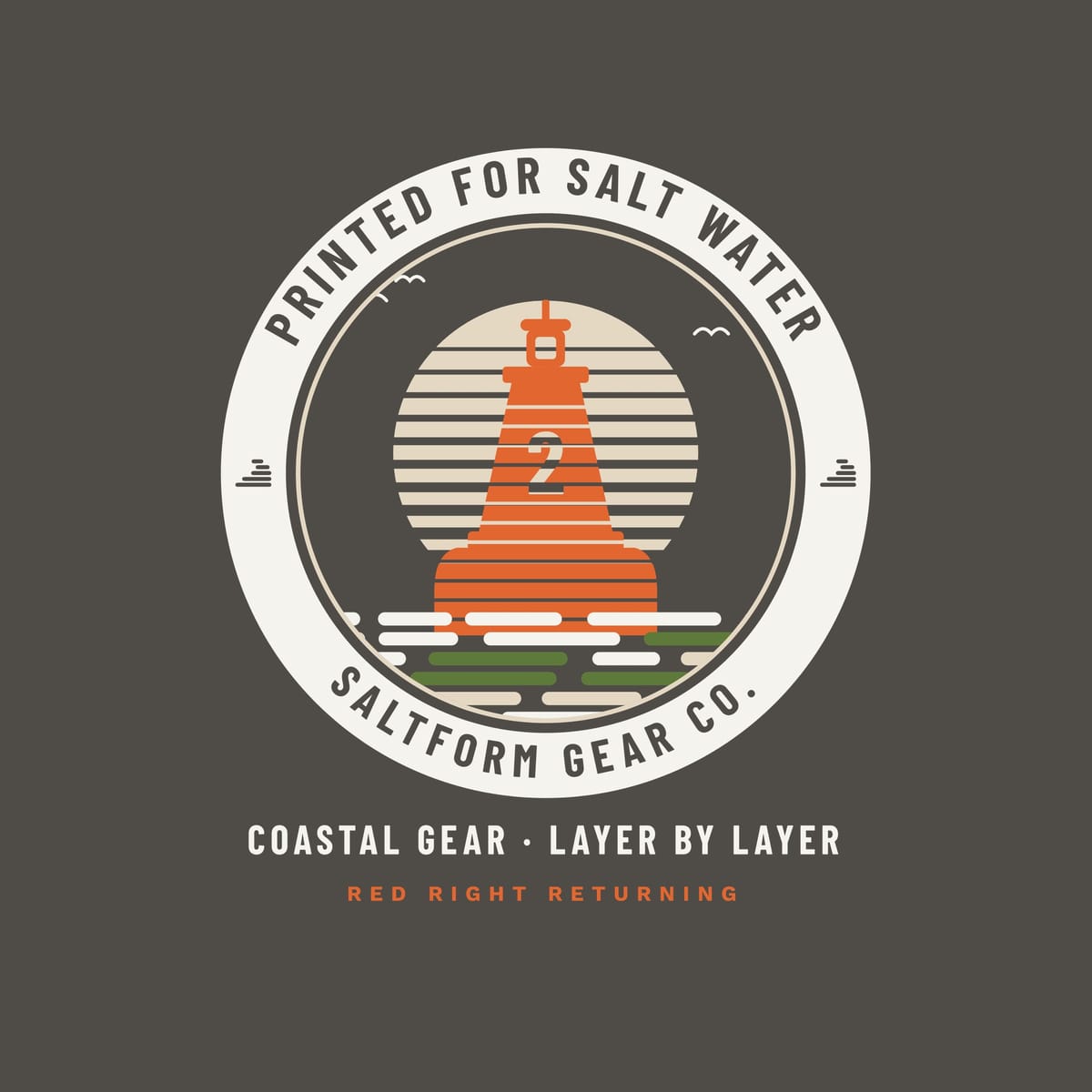 Close-up of the badge: orange number 2 buoy built from print layers, striped sand sun, marsh-green and cream water lines and ring lettering.
