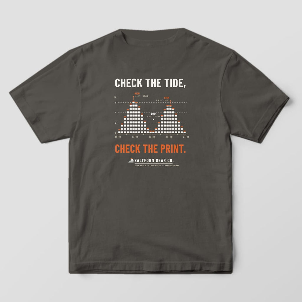 Back of a pepper gray Comfort Colors 1717 tee with a cream and orange tide chart built from layer bars between two headlines.