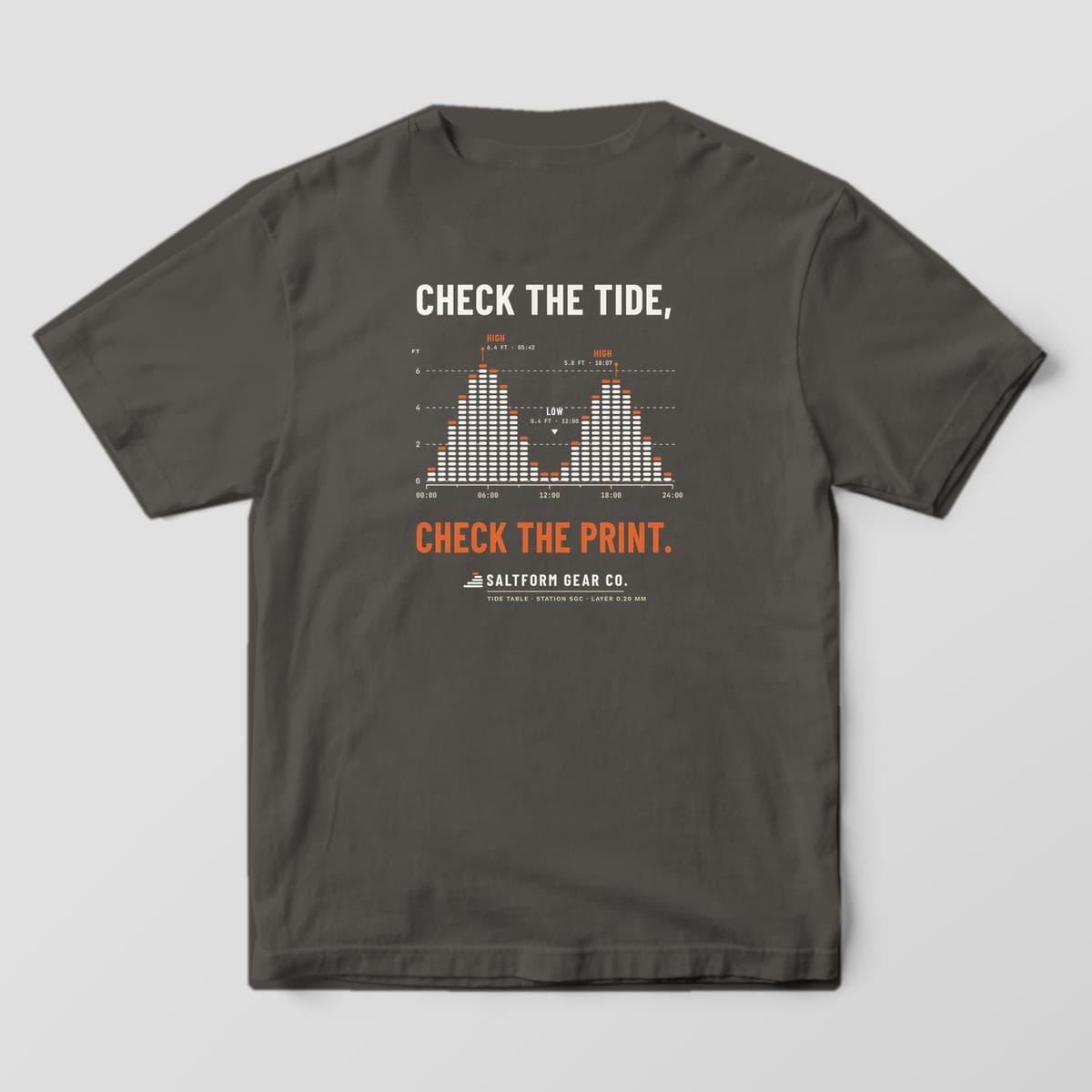 Back of a pepper gray Comfort Colors 1717 tee with a cream and orange tide chart built from layer bars between two headlines.