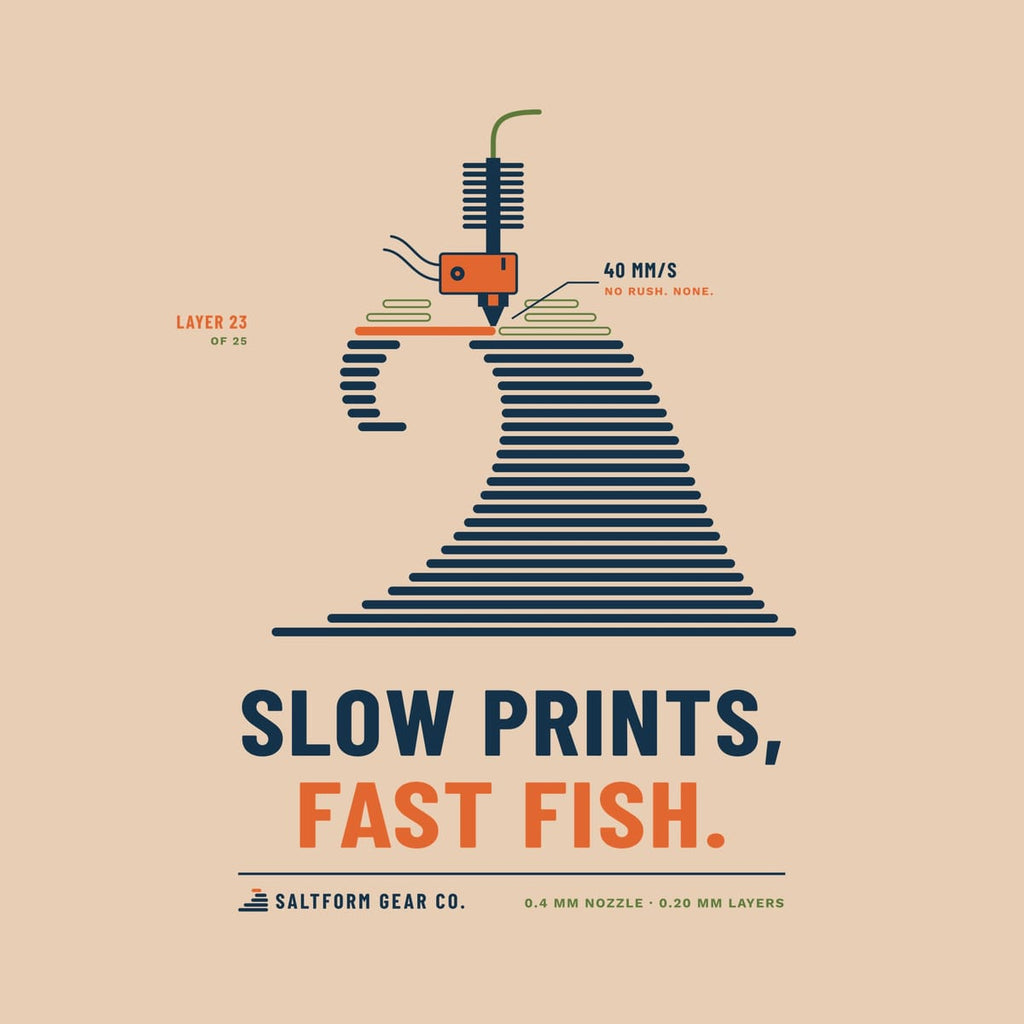 Close-up of the print: hotend with cooling fins and orange heater block over a half-printed orange layer, green preview layers and navy wave layers.