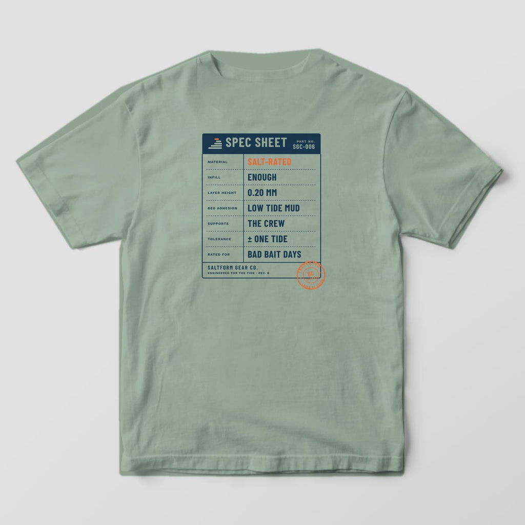Back of a bay green Comfort Colors 1717 tee with a navy and orange spec sheet listing material, infill, layer height and tolerance jokes.