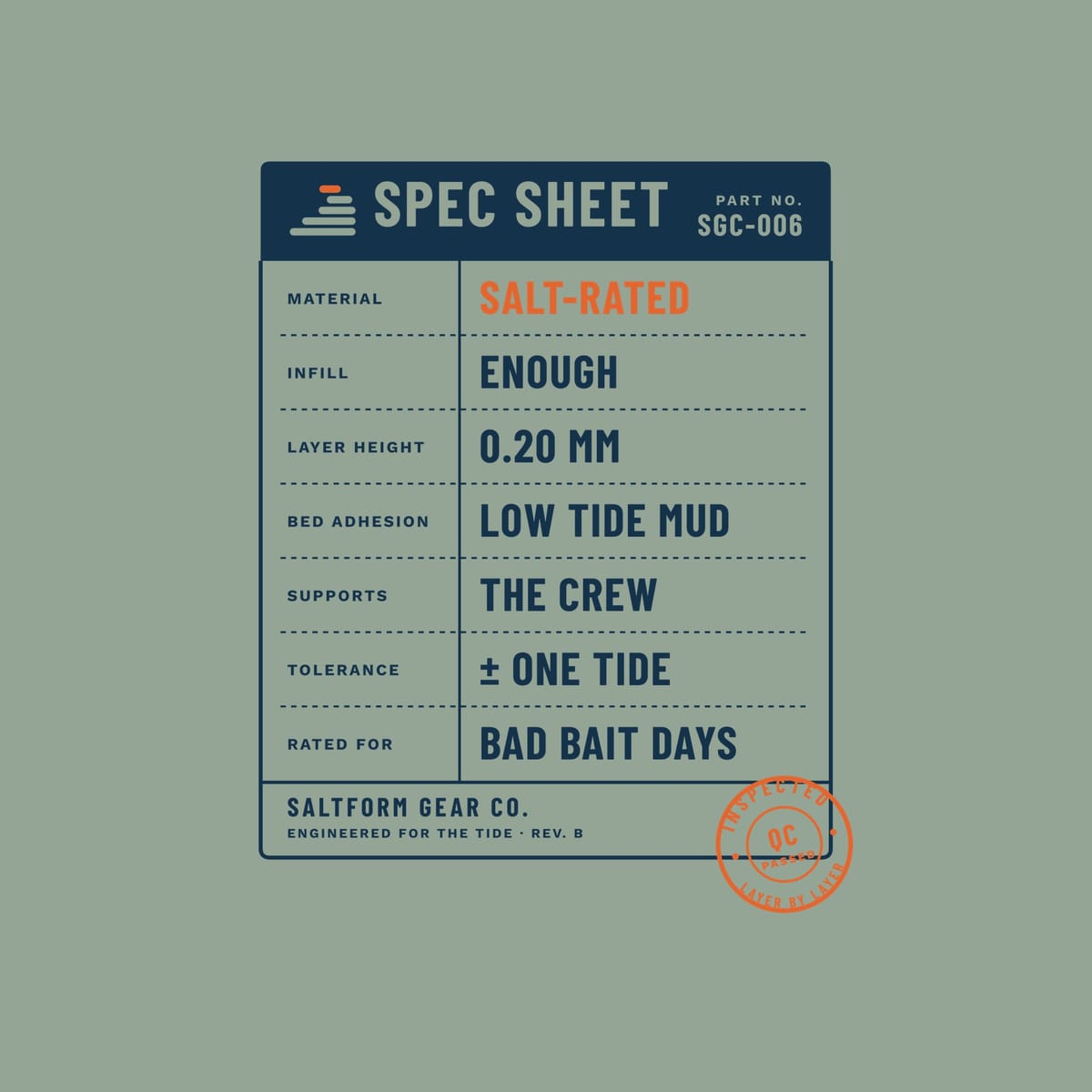 Close-up of the spec sheet: SPEC SHEET header, dotted row rules, SALT-RATED in orange and a rotated orange QC PASSED stamp.