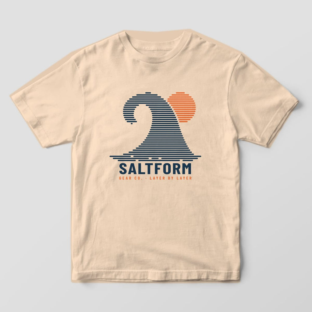 Front of an ivory Comfort Colors 1717 tee with the full-front navy and orange layer wave graphic.