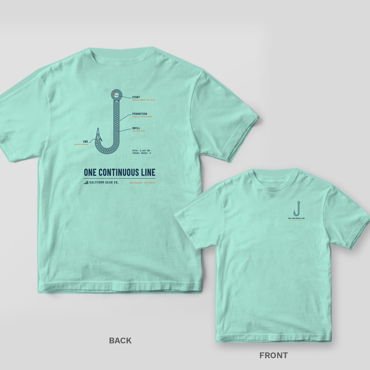 Chalky mint Comfort Colors tee back and front: navy fishing hook drawn as one continuous line with callouts on the back, small hook on the chest.