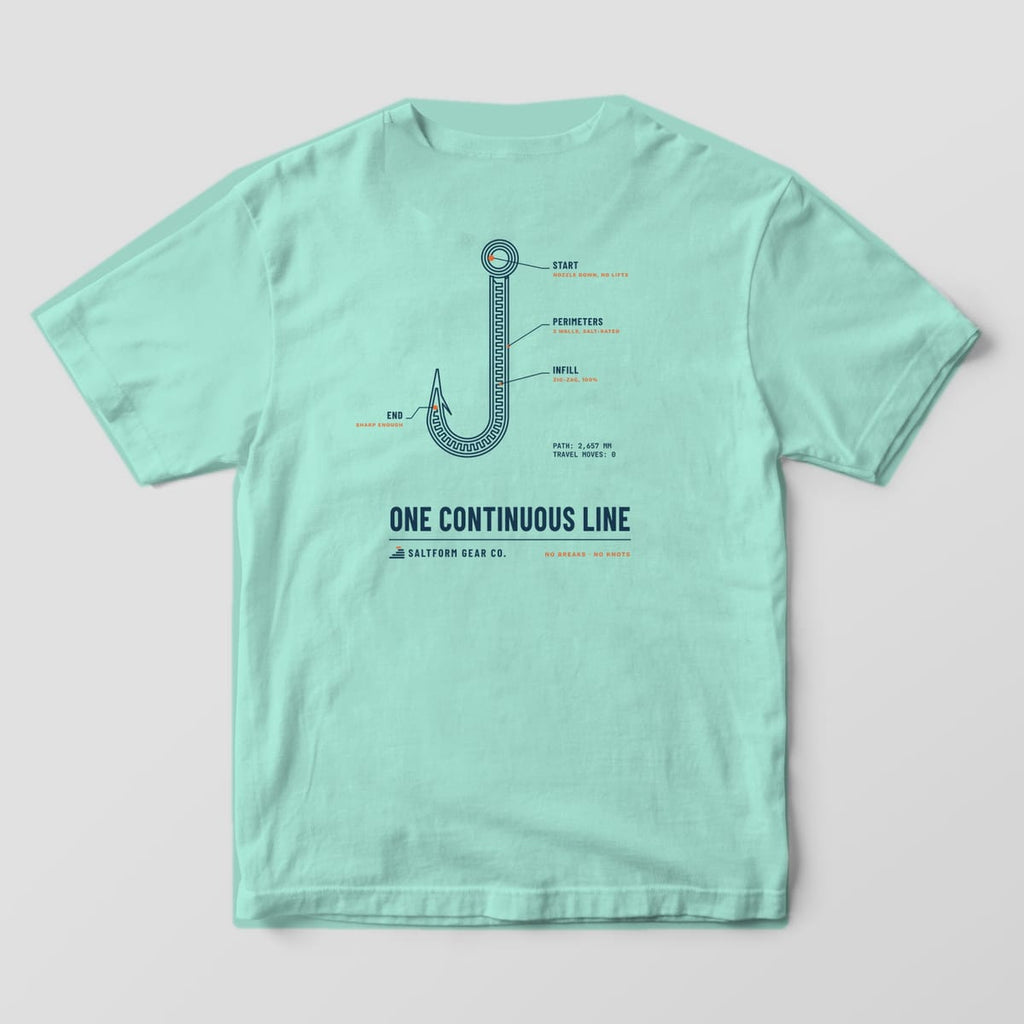 Back of a chalky mint Comfort Colors 1717 tee with a navy line-drawn fishing hook, orange start and end dots and ONE CONTINUOUS LINE.