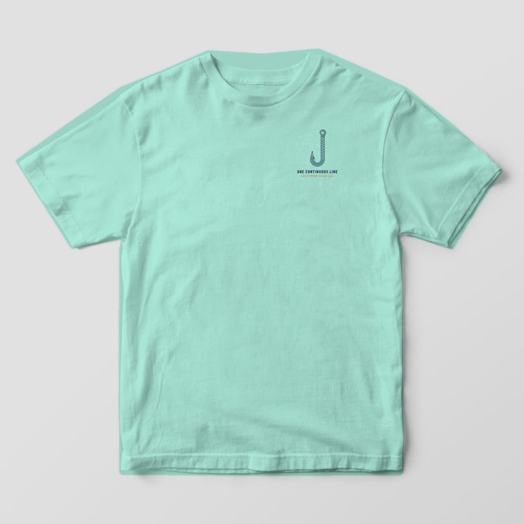 Front of a chalky mint Comfort Colors 1717 tee with a small navy toolpath fishing hook and ONE CONTINUOUS LINE on the left chest.