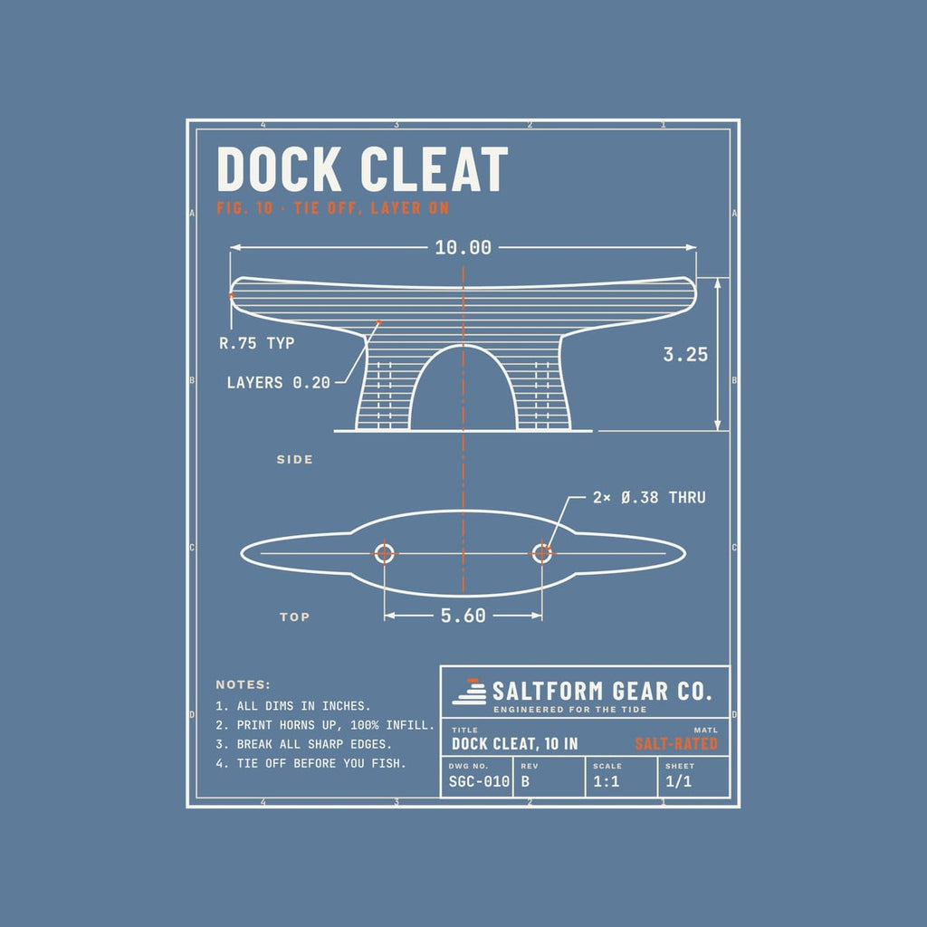Close-up of the blueprint: cleat side view with layer lines, top view with bolt holes, dimension arrows and the SALTFORM GEAR CO. title block.