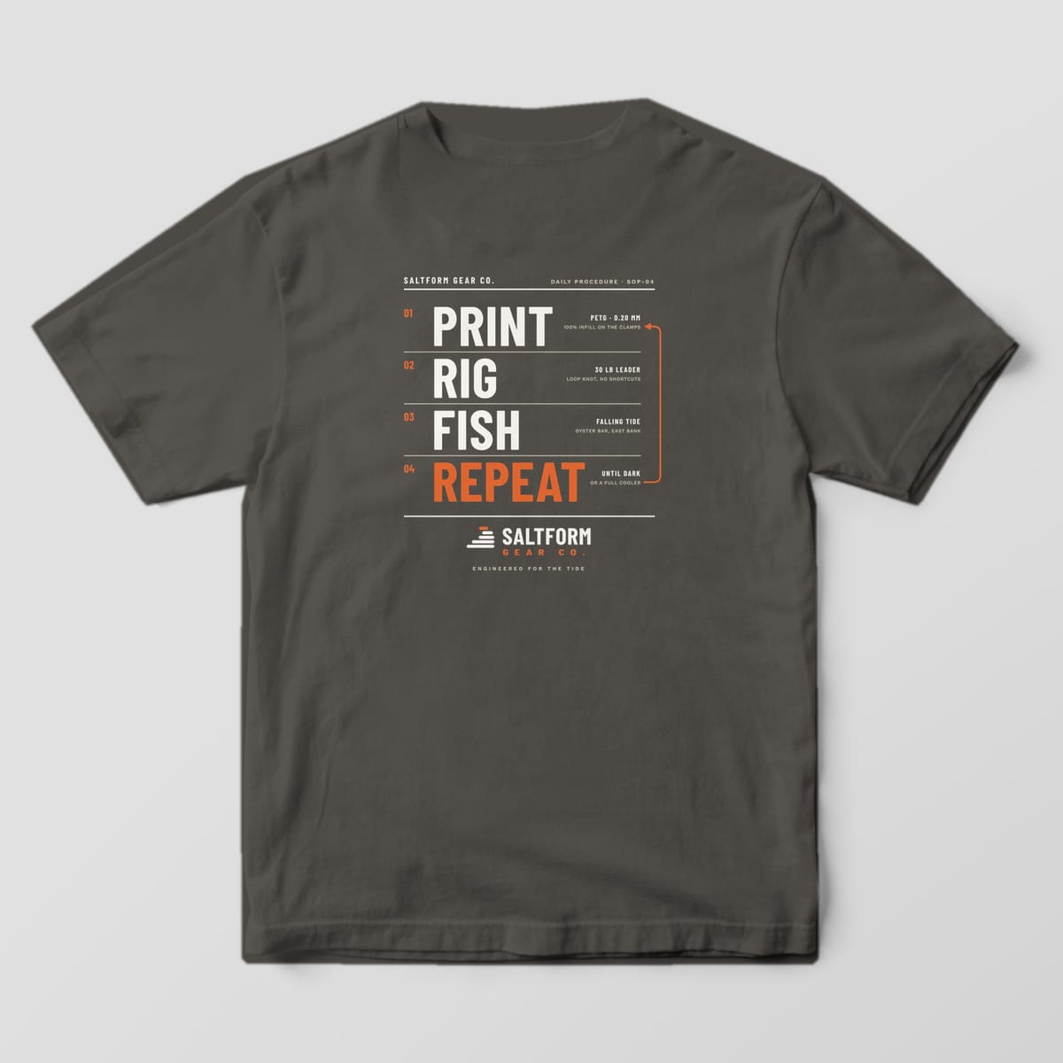 Back of a pepper Comfort Colors 1717 tee with numbered PRINT, RIG, FISH, REPEAT type in salt white and orange.