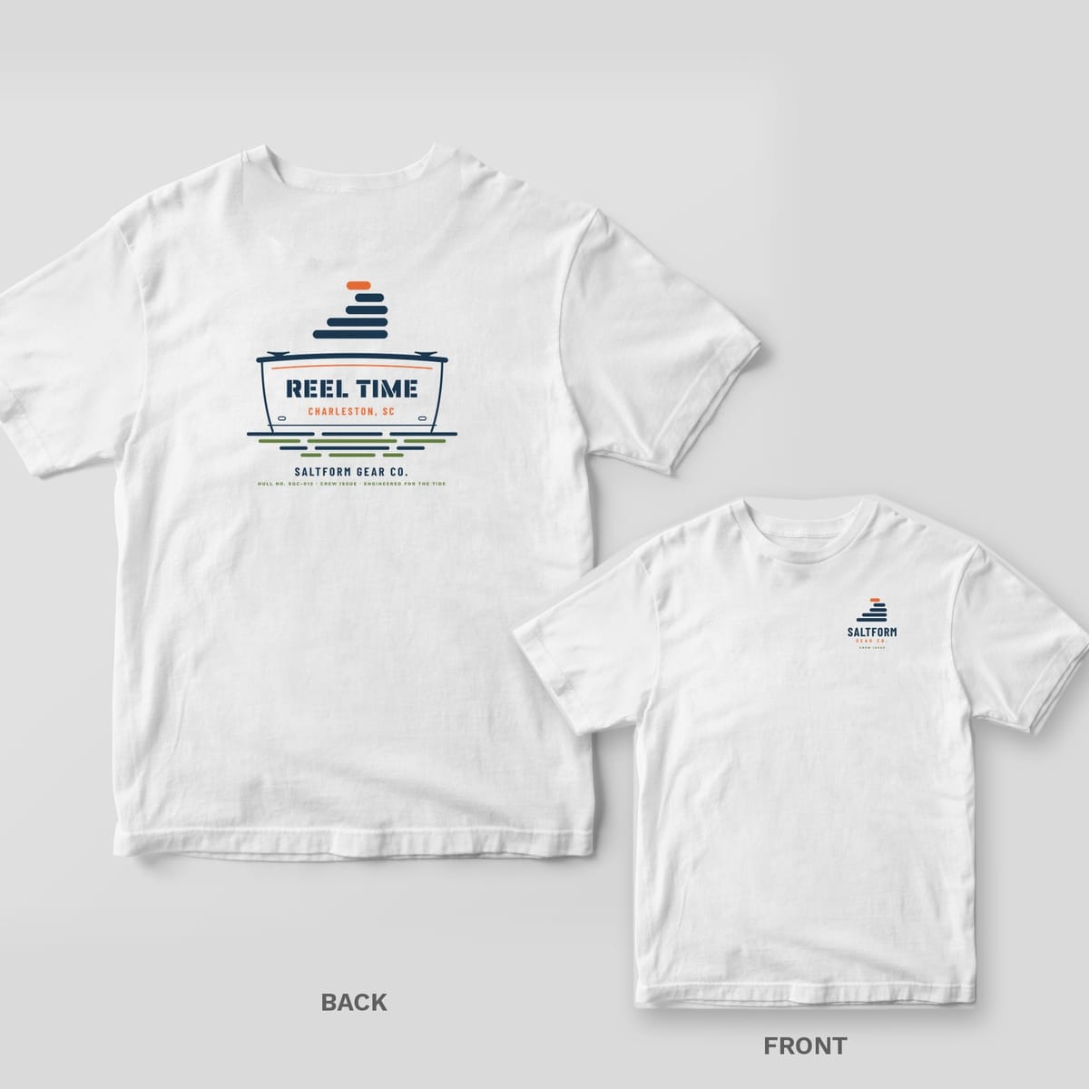 White Comfort Colors tee shown back and front: boat transom with REEL TIME stencil name on the back, Saltform logo on the left chest.