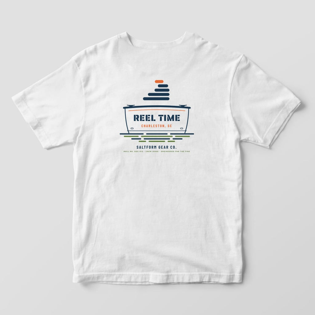 Back of a white Comfort Colors 1717 tee with a boat transom reading REEL TIME, CHARLESTON, SC under a layer-wave logo.