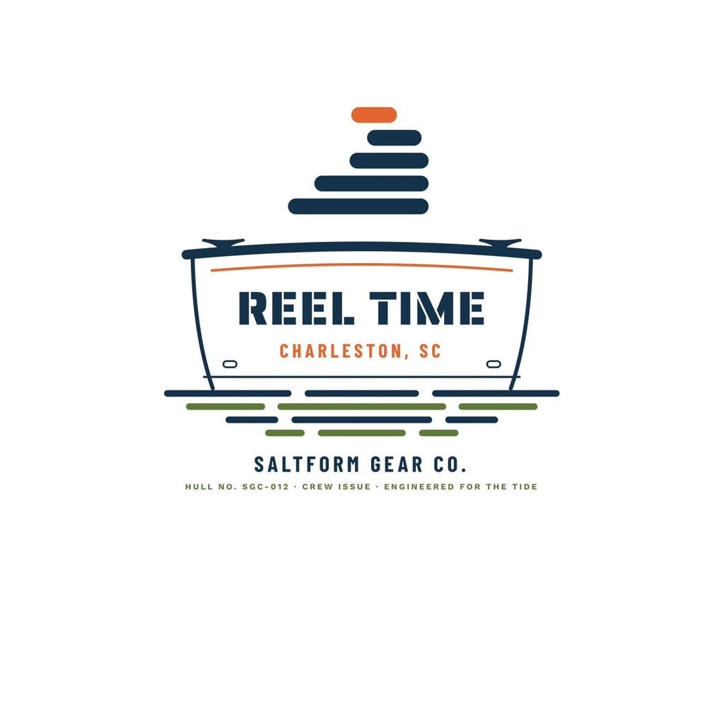 Close-up of the custom boat name artwork: stencil boat name, orange hailing port, transom with cleats and layered water.