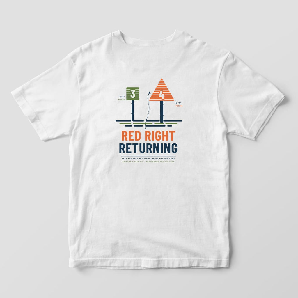 Back of a white Comfort Colors 1717 tee with green square and red triangle channel markers and RED RIGHT RETURNING type.