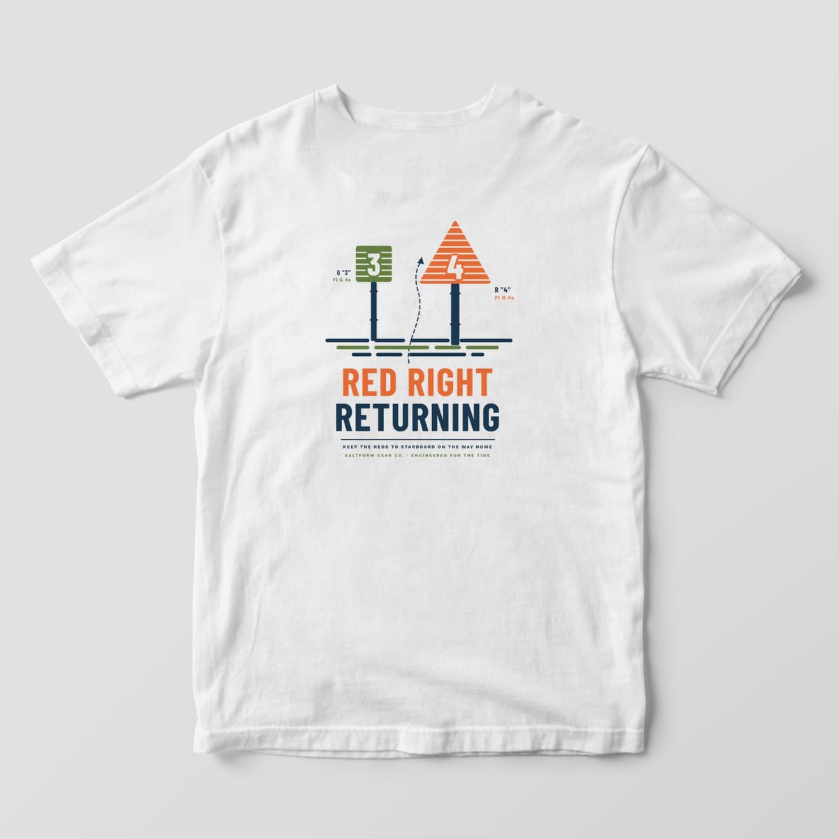 Back of a white Comfort Colors 1717 tee with green square and red triangle channel markers and RED RIGHT RETURNING type.