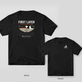 Black Comfort Colors tee shown back and front: FIRST LAYER STICKS LIKE LOW TIDE MUD diagram on the back, Saltform logo on the chest.