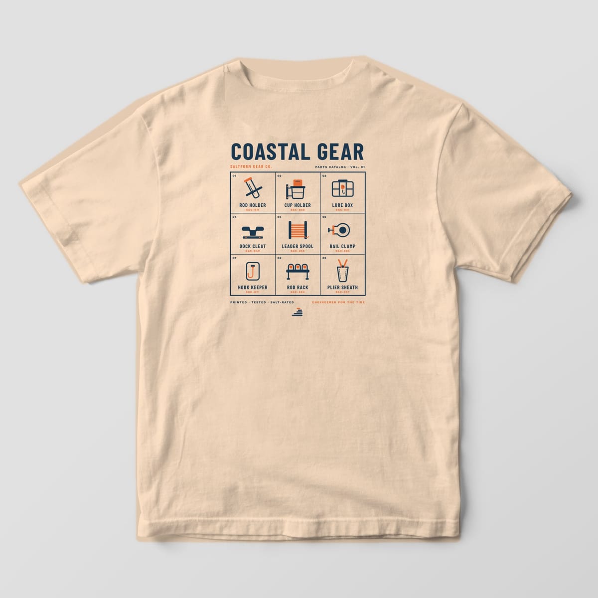 Back of an ivory Comfort Colors 1717 tee with a grid of nine fishing and boat gear icons with part numbers.
