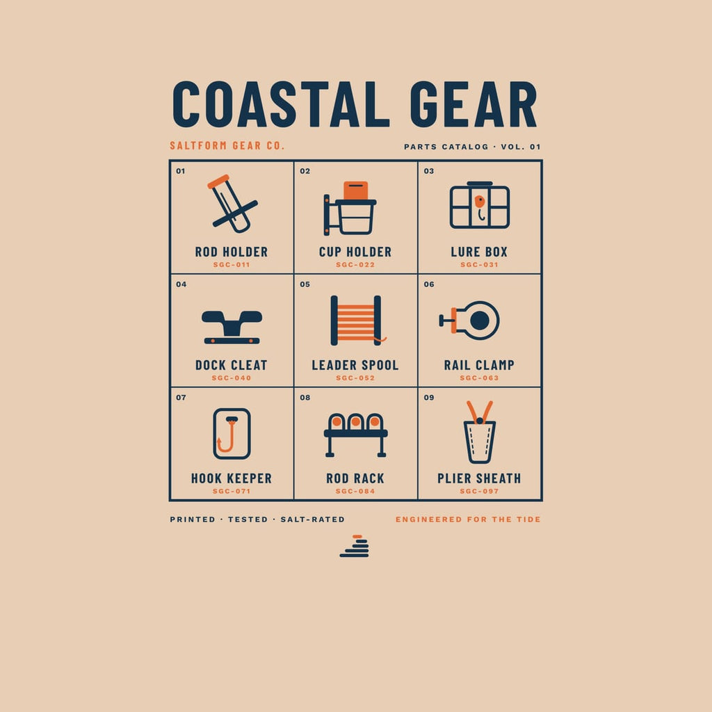 Close-up of the Coastal Gear catalog artwork: nine navy and orange gear icons, labels and SGC part numbers.